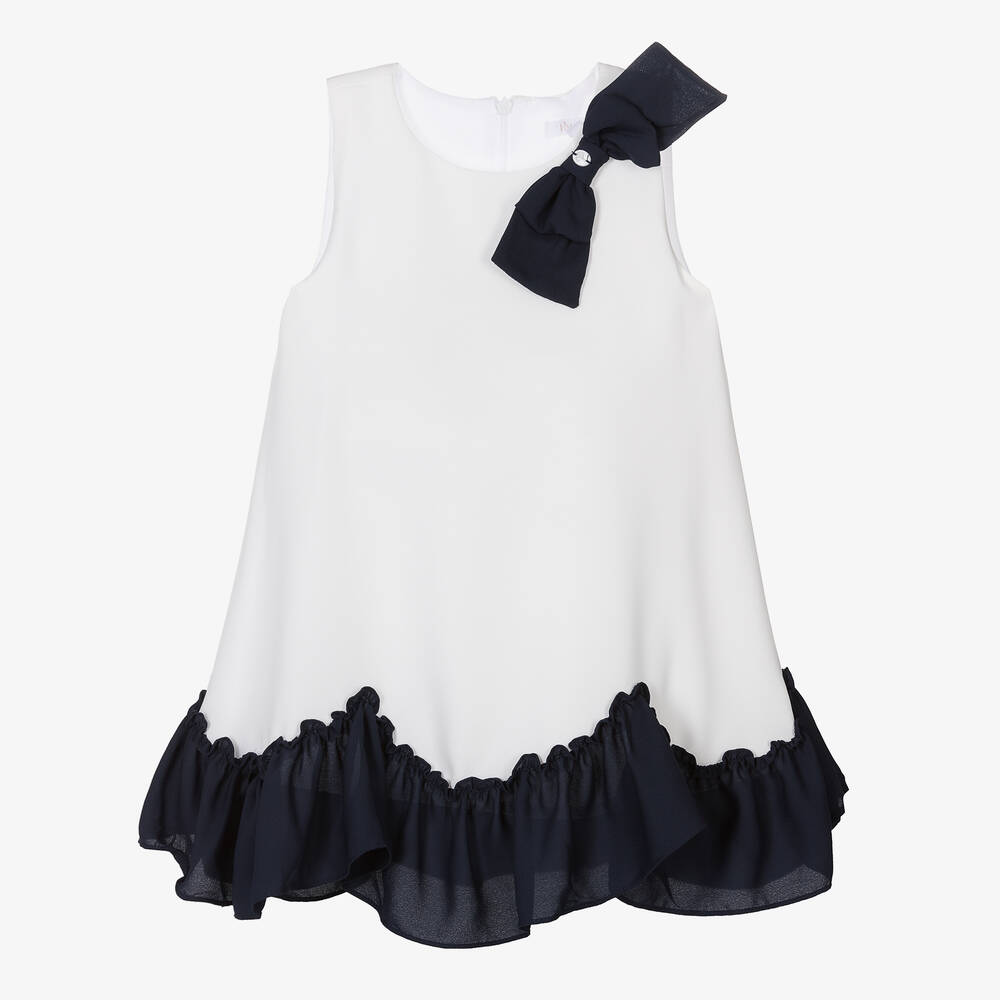 Patachou - Girls White & Navy Blue Chiffon Bow Dress | Childrensalon