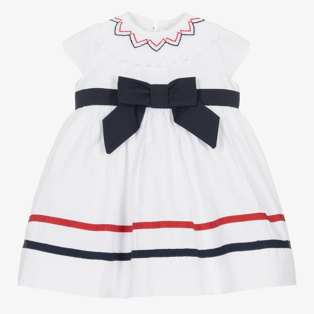 Patachou - Girls White & Navy Blue Cotton Dress | Childrensalon