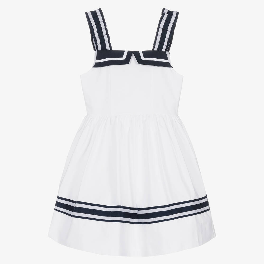 Patachou Babies' Girls White & Navy Blue Cotton Dress