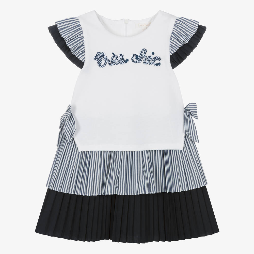Patachou - Girls White & Navy Blue Nautical Cotton Dress | Childrensalon