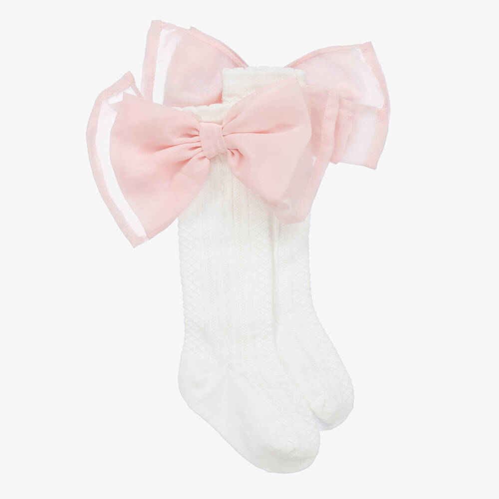 Patachou - Girls White & Pink Bow Socks | Childrensalon