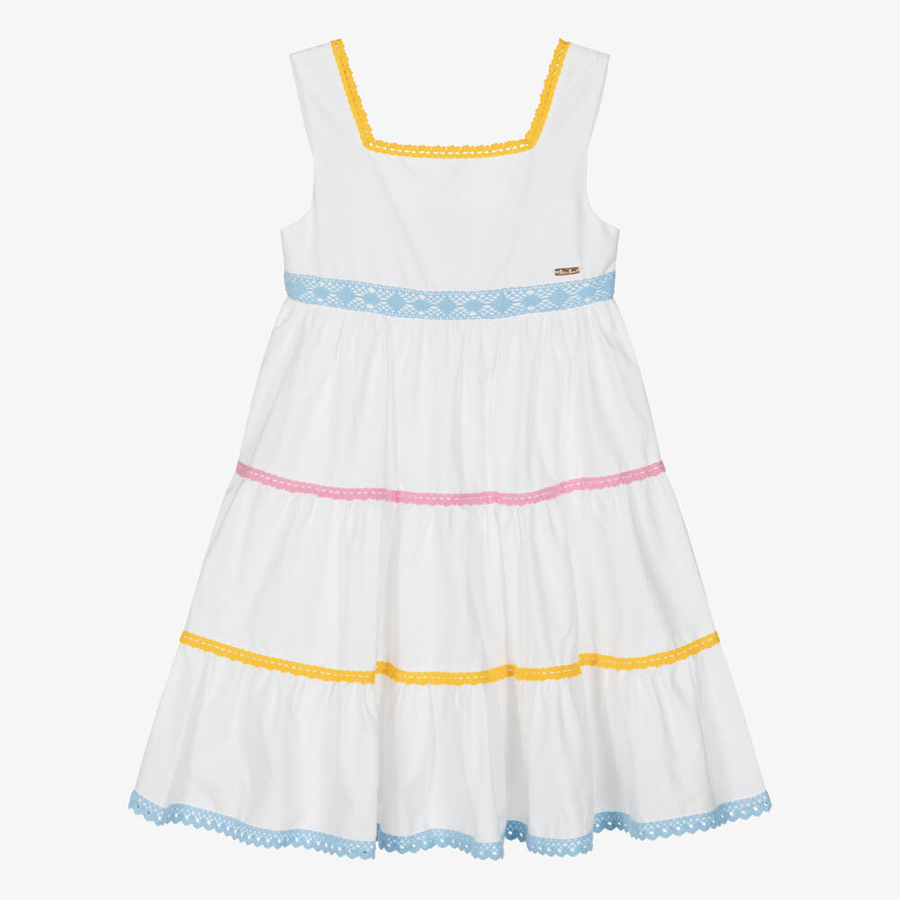 Patachou - Белое многоярусное платье из хлопка для девочек | Childrensalon