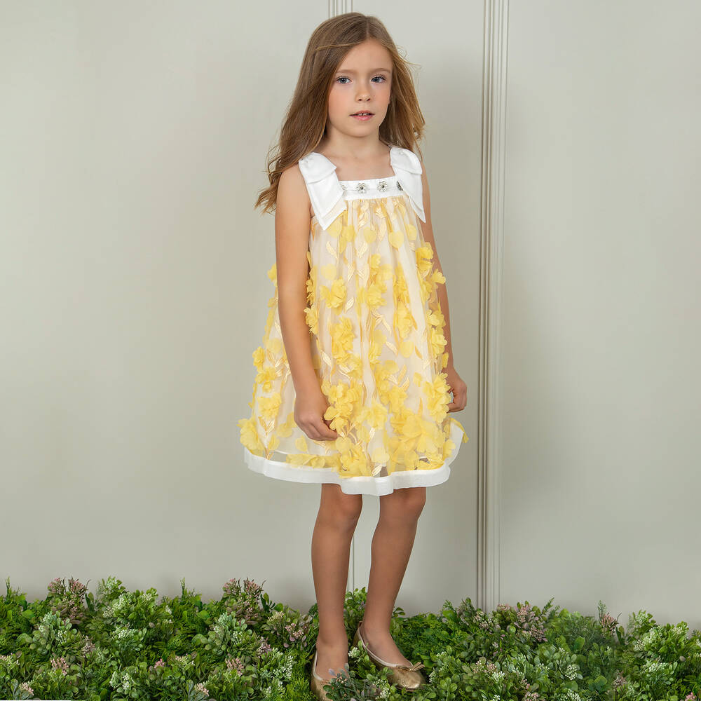 Patachou - Girls Yellow Embroidered Floral Dress | Childrensalon