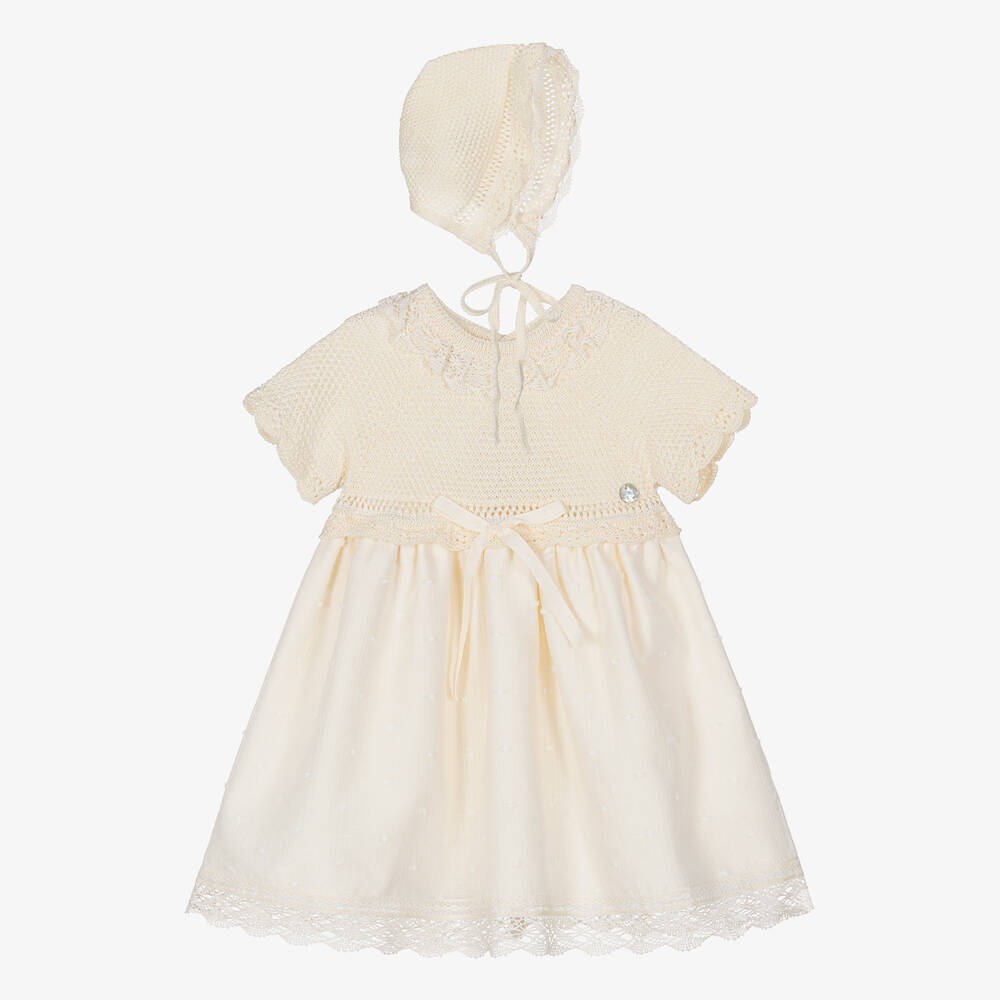 Paz Rodríguez - طقم فستان مزيج قطن محبوك لون عاجي للمولودات | Childrensalon
