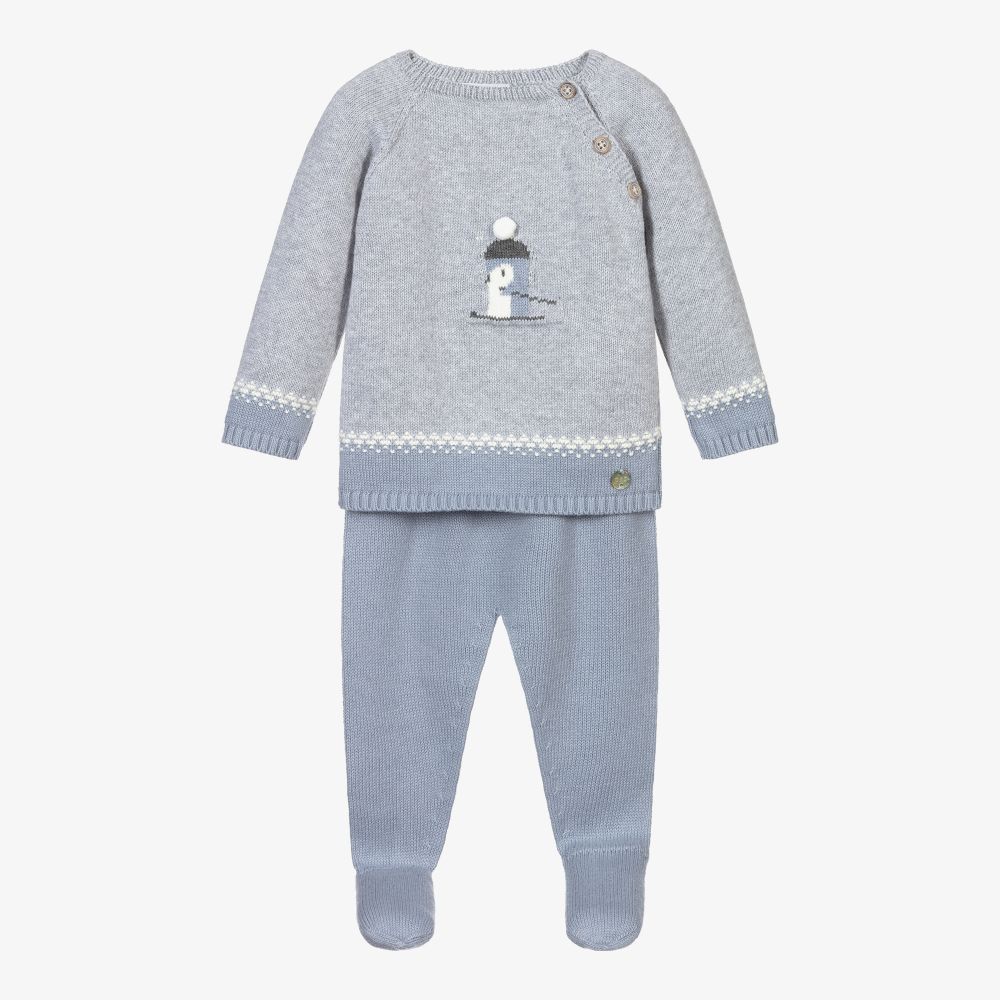 Paz Rodriguez Blue Knitted 2 Piece Babygrow In Gold
