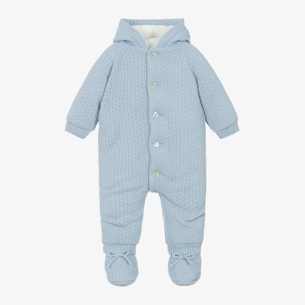 Paz Rodríguez - Blue Knitted Baby Pramsuit & Booties | Childrensalon