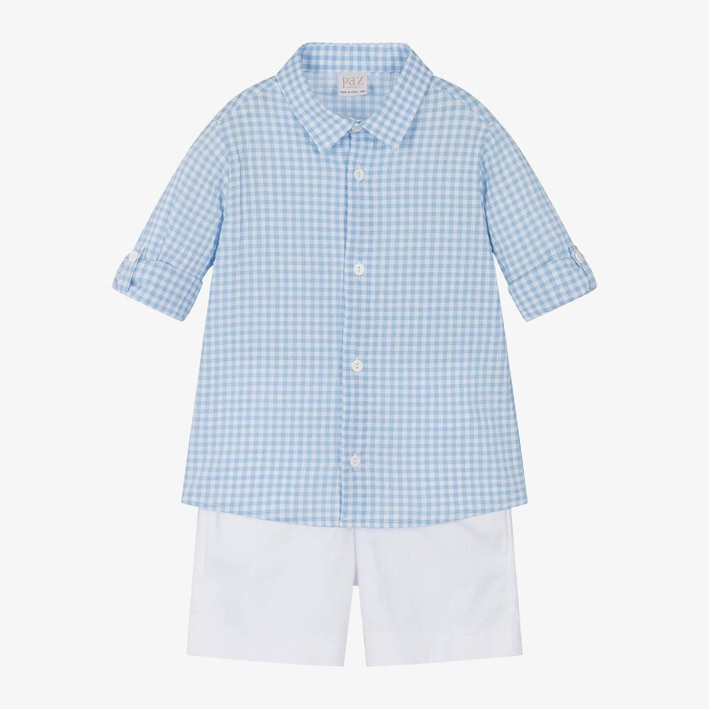 Paz Rodríguez - Boys Blue Gingham Shirt & White Shorts Set | Childrensalon