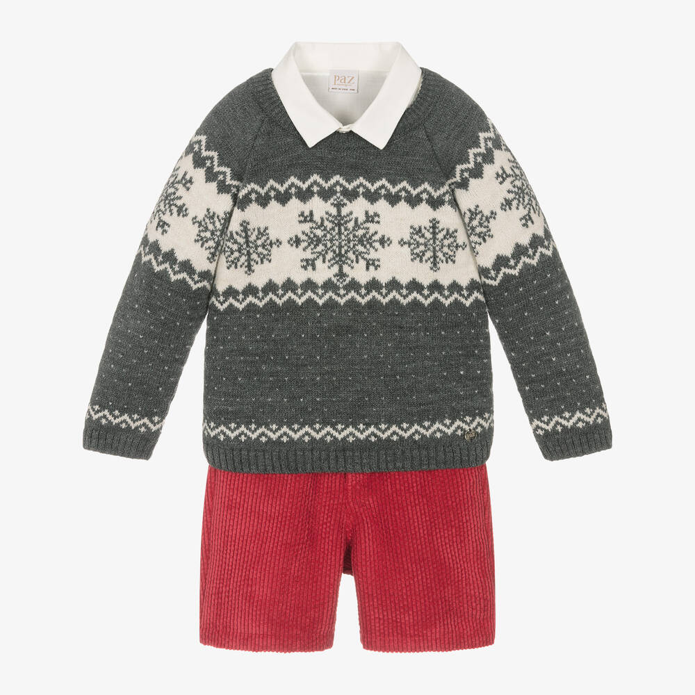 Paz Rodríguez - Boys Grey Wool Knit Festive Shorts Set | Childrensalon