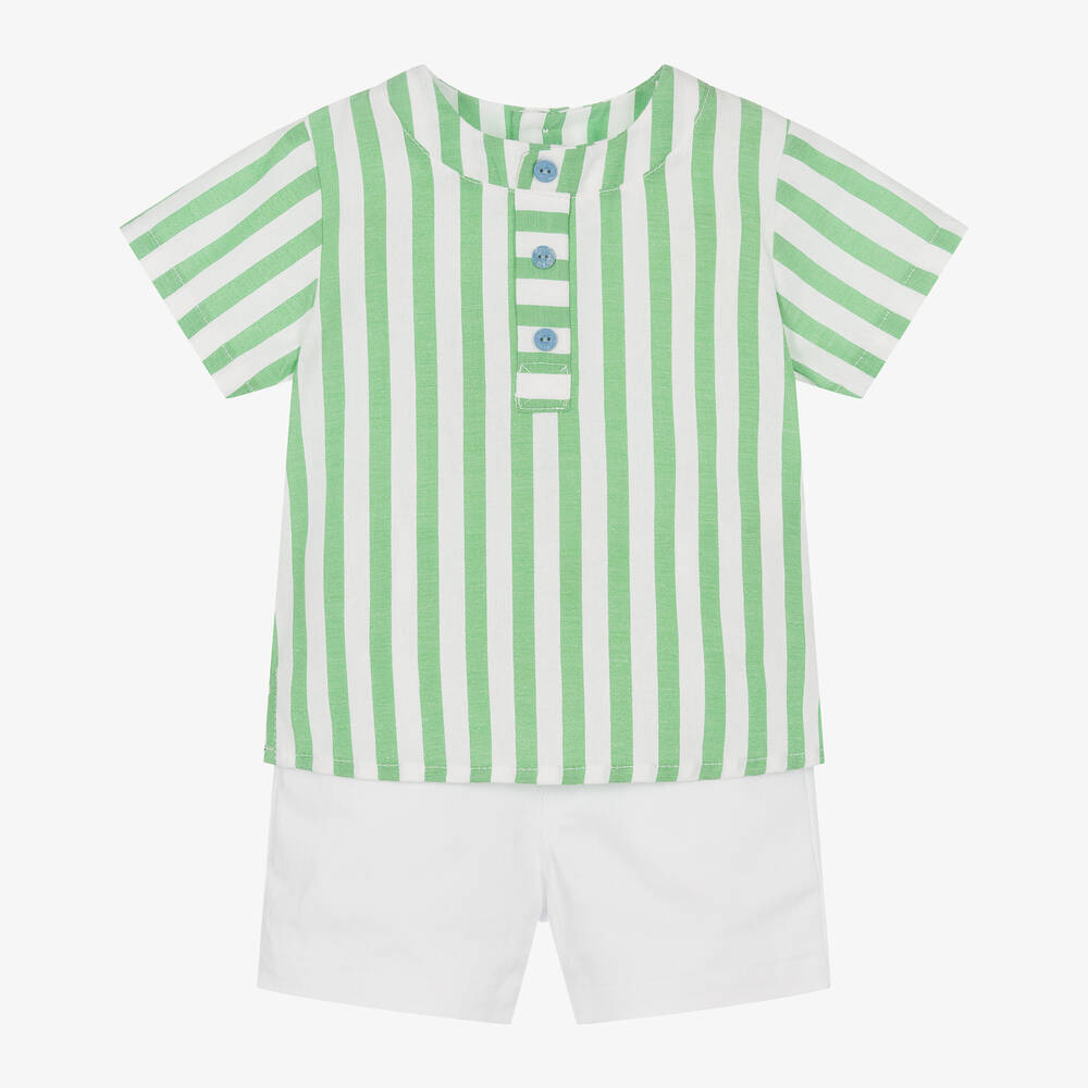 Paz Rodríguez - Boys White & Green Stripe Cotton Shorts Set | Childrensalon