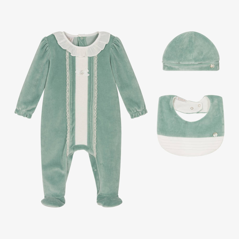 Paz Rodríguez - Girls Green Velour Babysuit Set | Childrensalon