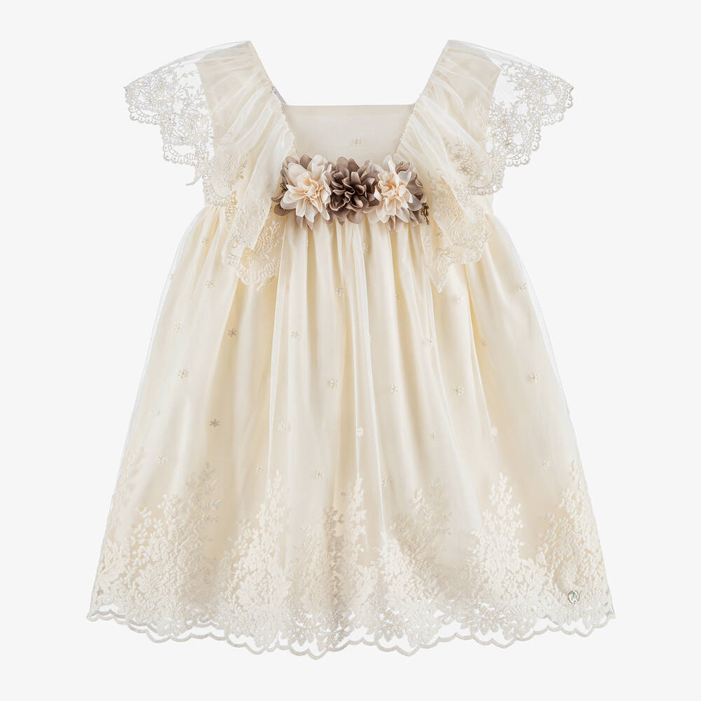 Paz Rodriguez Kids' Girls Ivory Embroidered Tulle Dress