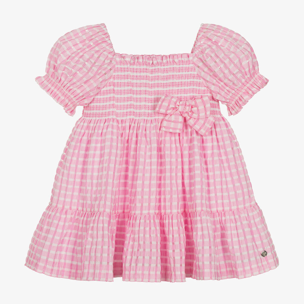 Paz Rodríguez - Girls Pink Shirred Gingham Seersucker Dress | Childrensalon