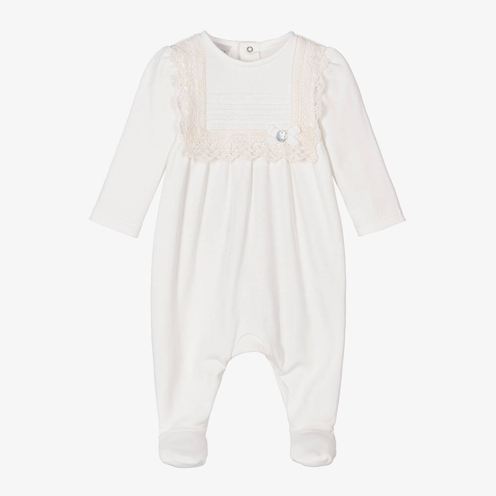 Paz Rodríguez - Ivory Cotton Jersey & Lace Babygrow | Childrensalon