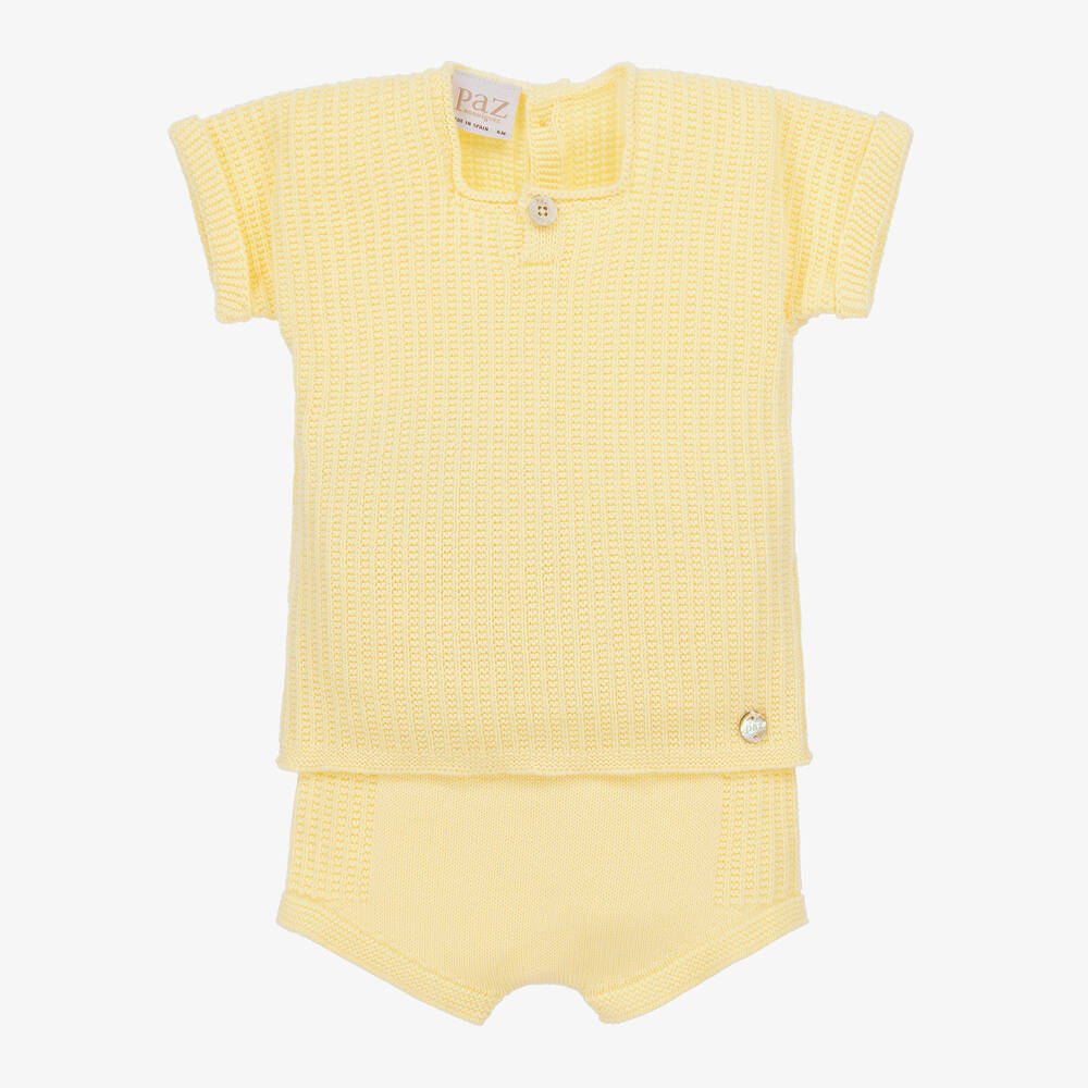 Paz Rodríguez - Yellow Knitted Cotton Baby Shorts Set | Childrensalon