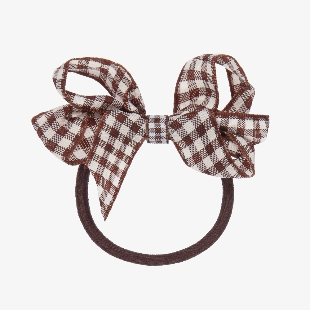 Peach Ribbons - ربطة مطاطية للشعر مزينة بفيونكة لون بني وأبيض للبنات (7 سم) | Childrensalon