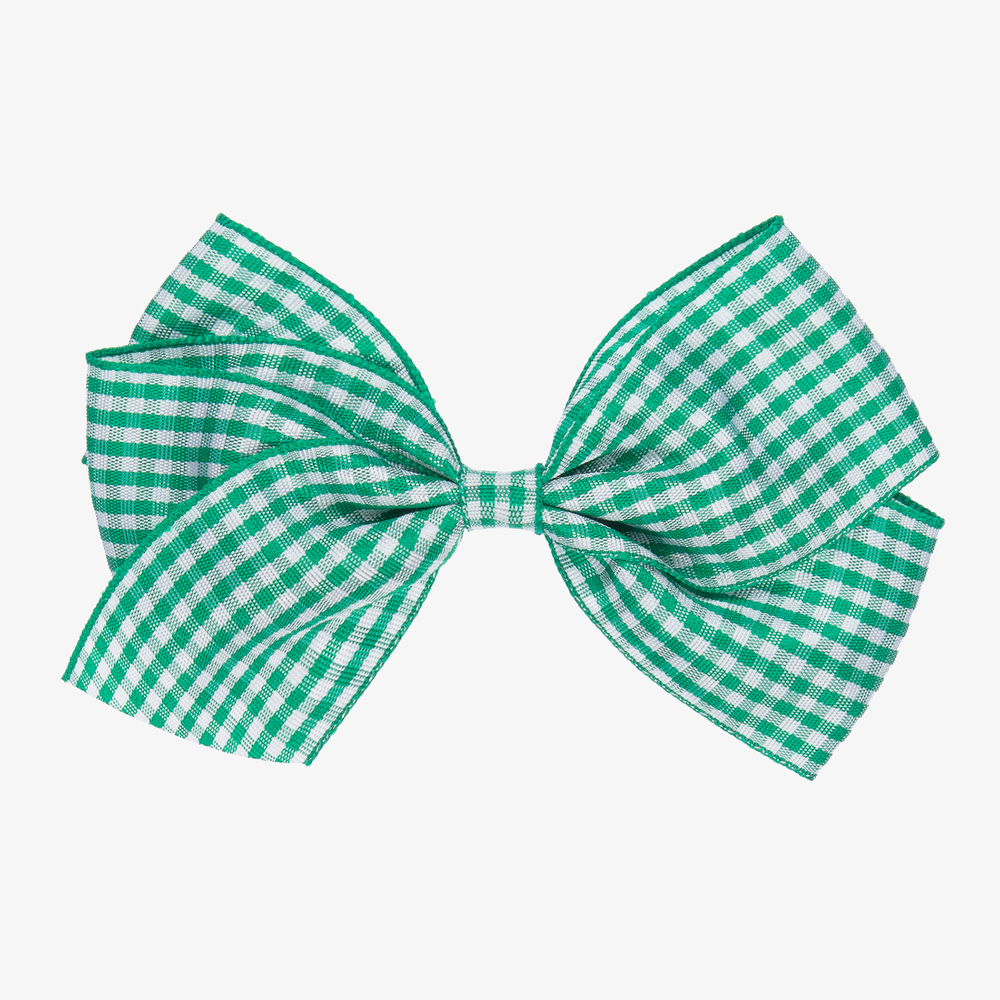 Peach Ribbons - Grüne Vichy-Schleifen-Haarspange (12 cm) | Childrensalon