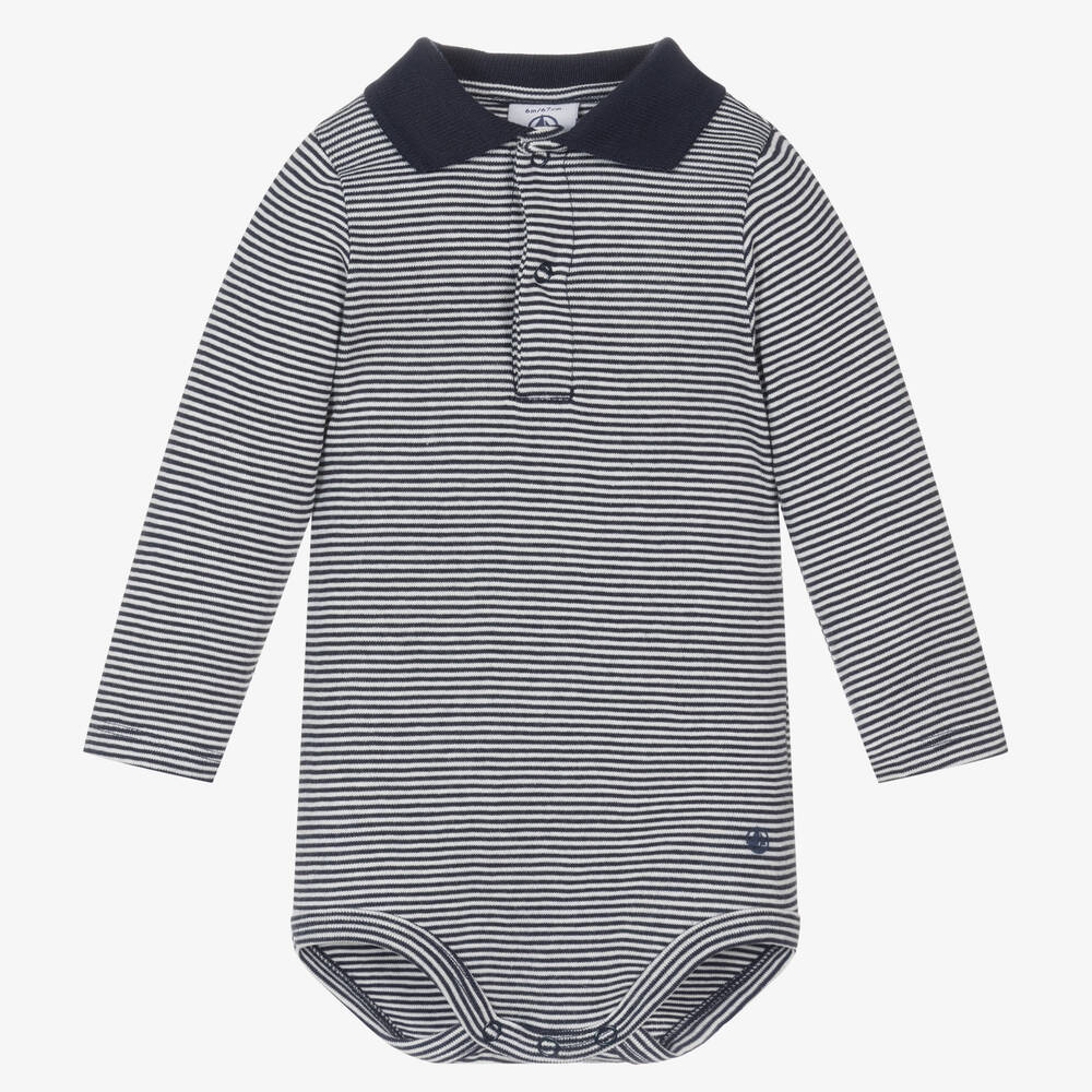 Petit Bateau - Baby Boys Blue Cotton Striped Bodysuit | Childrensalon