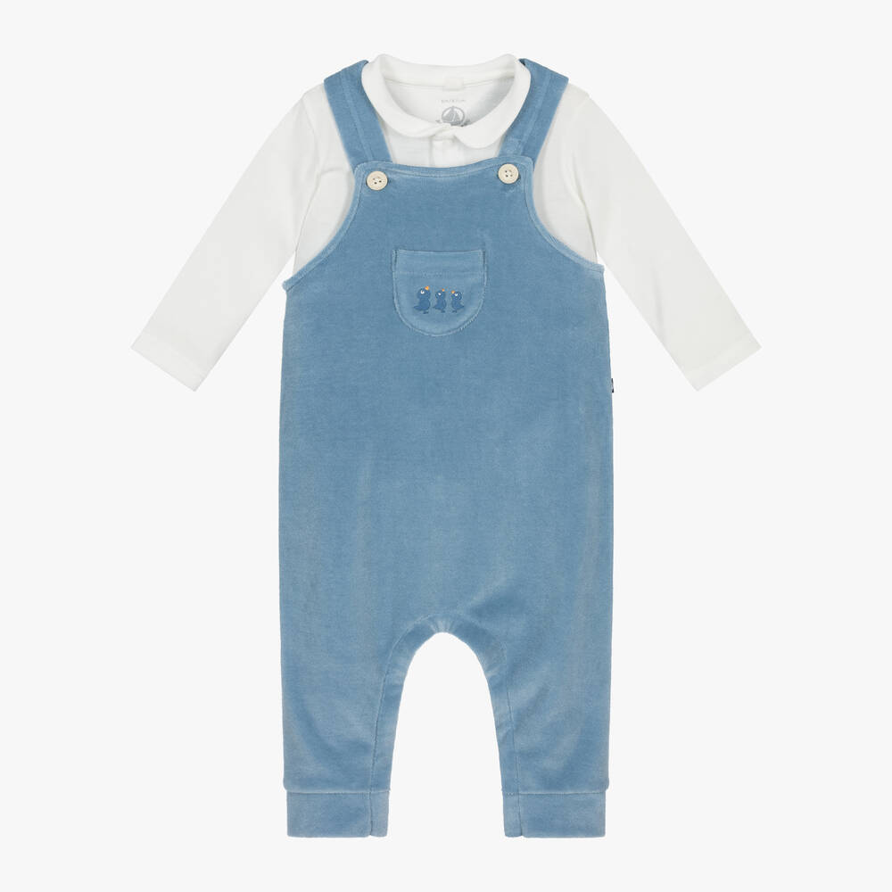 Petit Bateau - Baby Boys Blue Velour Dungarees Set | Childrensalon