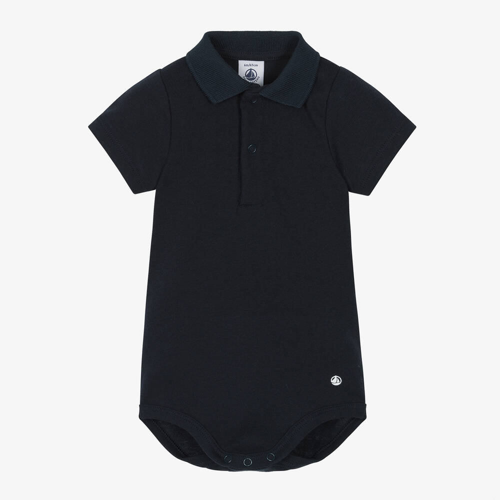 Petit Bateau - Baby Boys Navy Blue Cotton Polo Bodysuit | Childrensalon