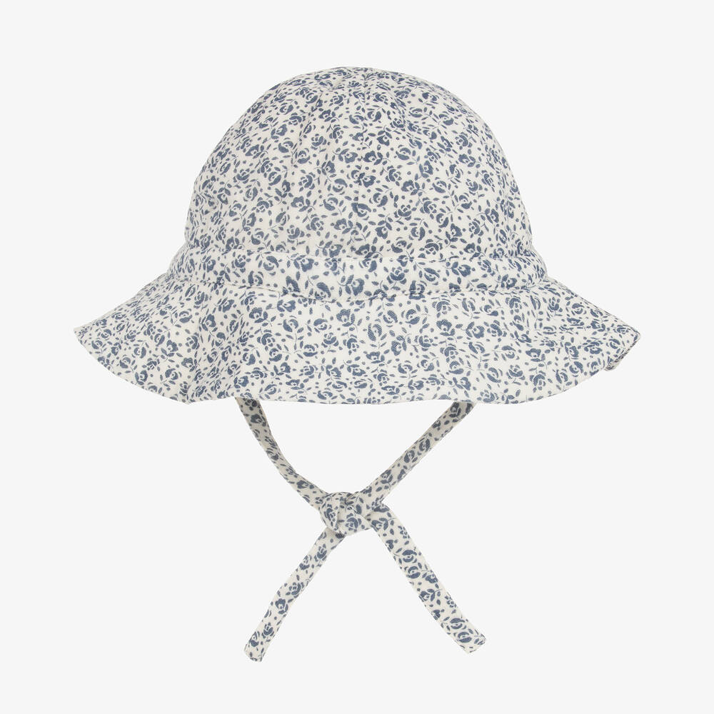 Petit Bateau - قبعة للشمس قطن لون عاجي بطبعة ورود للمولودات | Childrensalon