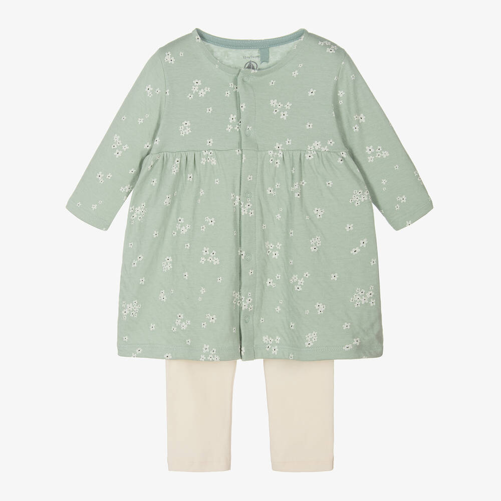 Petit Bateau - Baby Girls Green Floral Cotton Dress Set | Childrensalon