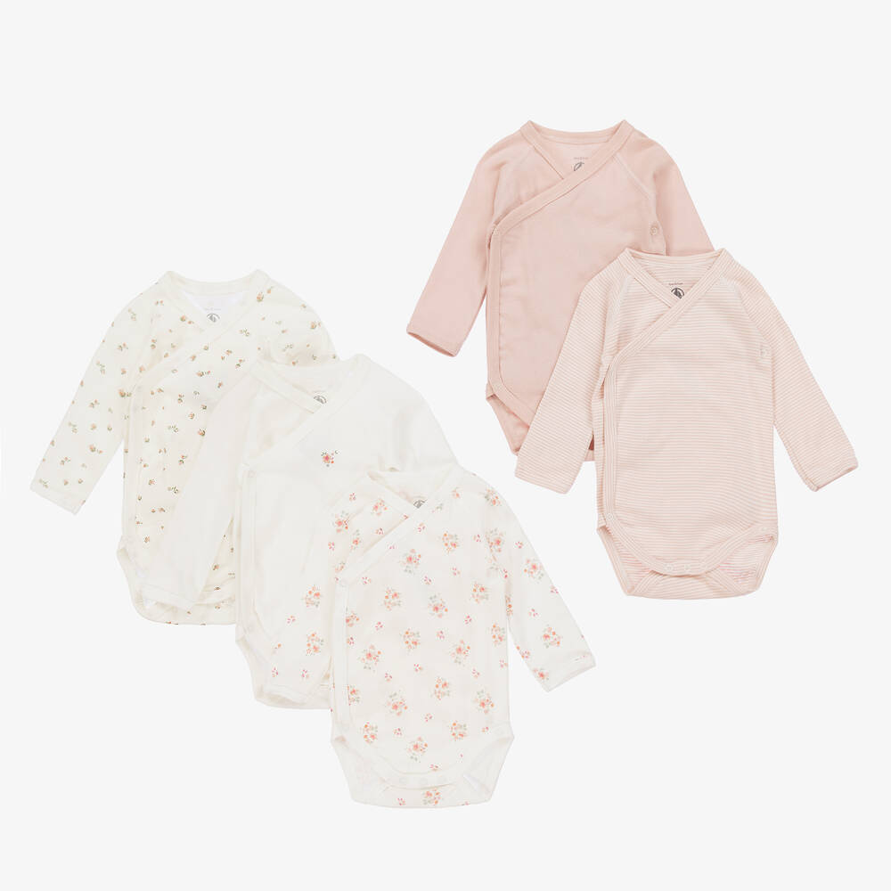 Petit Bateau - Baby Girls Ivory & Pink Cotton Bodyvests (5 Pack) | Childrensalon