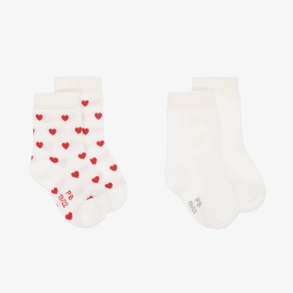 Petit Bateau - Baby Girls Ivory & Red Heart Cotton Socks (2 Pack) | Childrensalon