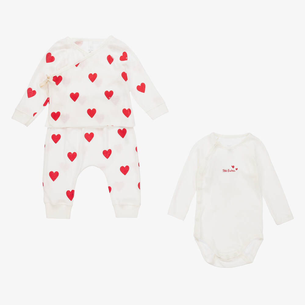 Petit Bateau Baby Girls Ivory & Red Heart Trouser Set In White