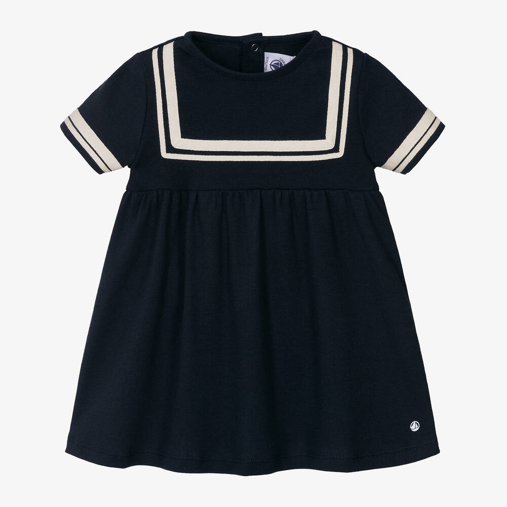 Petit Bateau Baby Girls Navy Blue Cotton Sailor Dress