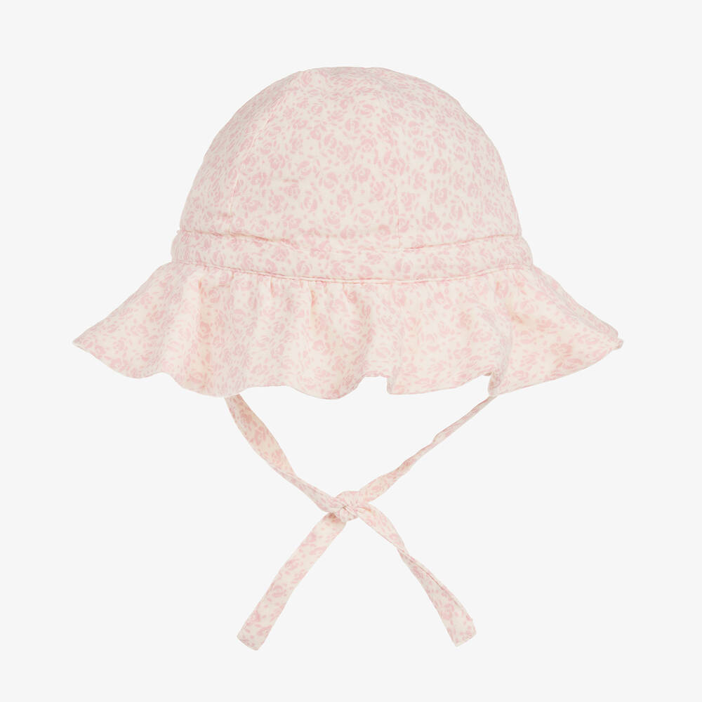 Petit Bateau - قبعة للشمس قطن لون زهري بطبعة ورود للمولودات | Childrensalon