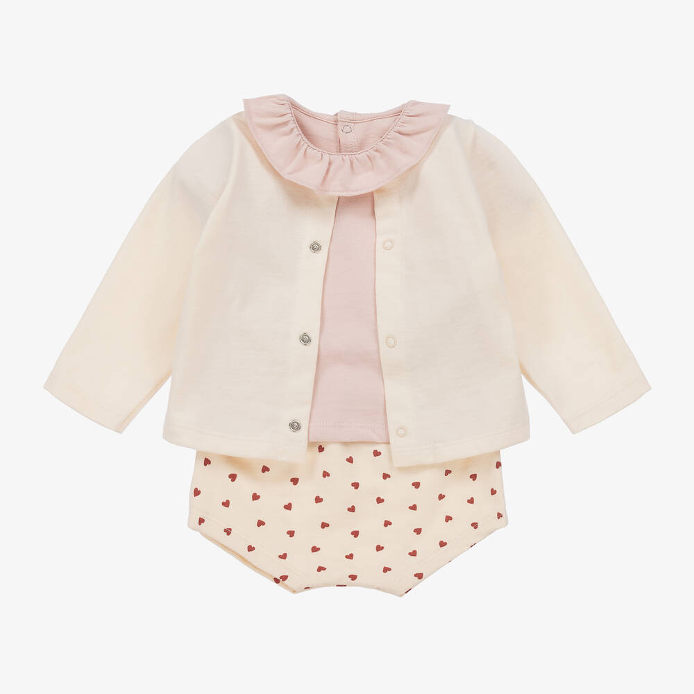 Petit Bateau - Baby Girls Pink Heart Cotton Shorts Set | Childrensalon