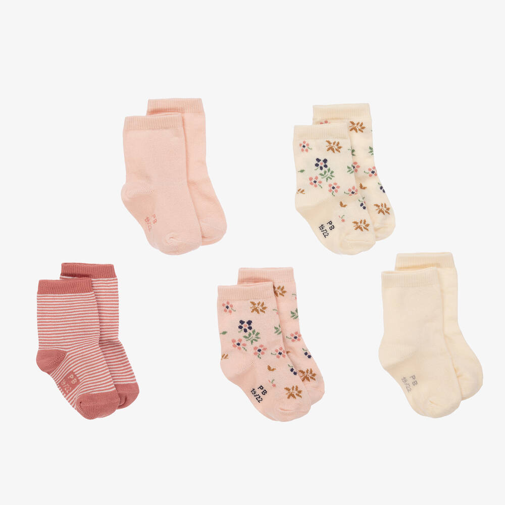 Petit Bateau - Baby Girls Pink & Ivory Cotton Socks (5 Pack) | Childrensalon