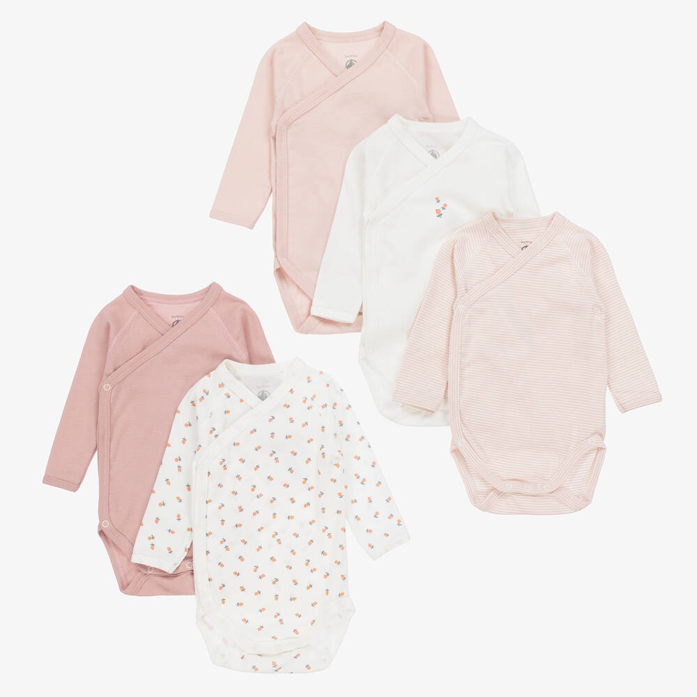 Petit Bateau - Baby Girls Pink & White Bodyvests (5 Pack) | Childrensalon