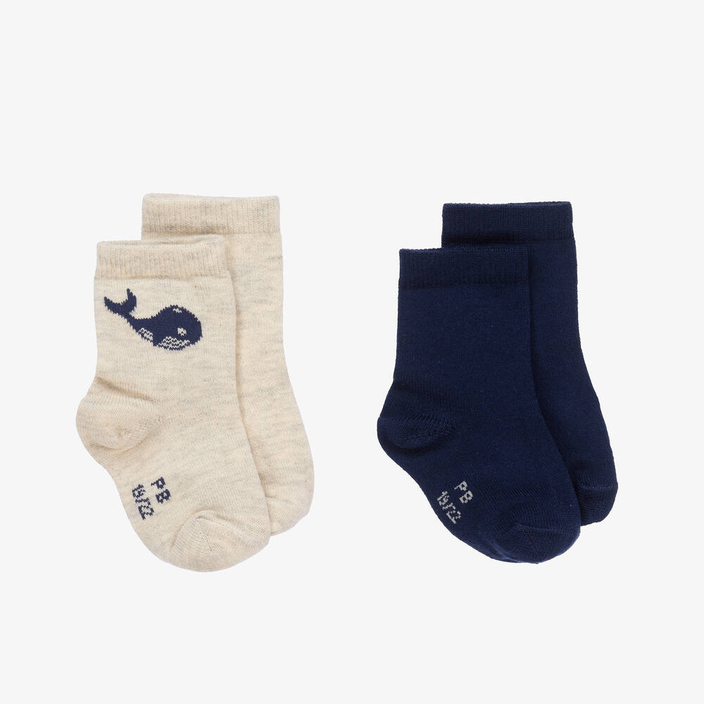 Petit Bateau - Beige & Navy Blue Whale Socks (2 Pack) | Childrensalon