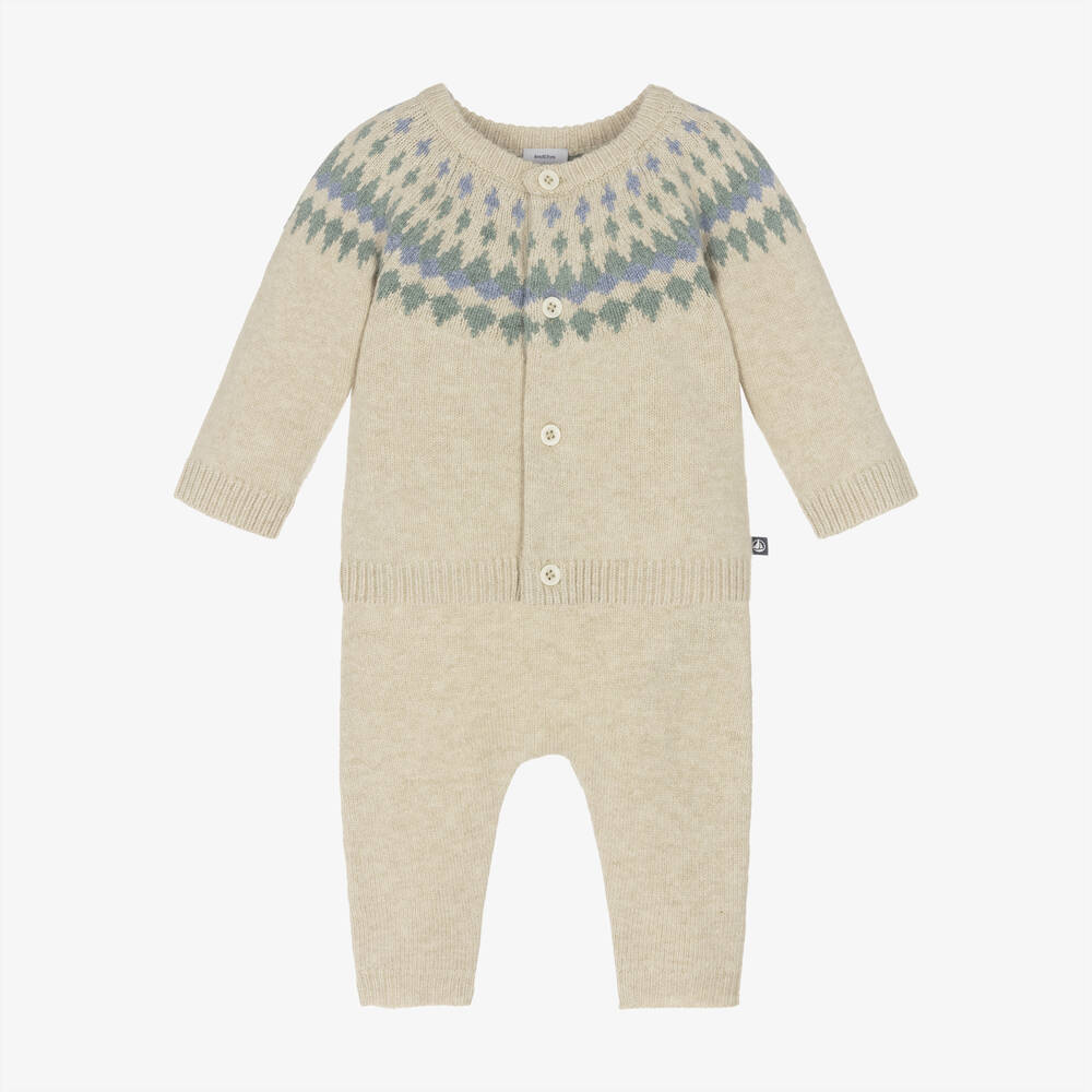 Petit Bateau - Beige Wool Fair Isle Baby Trouser Set | Childrensalon