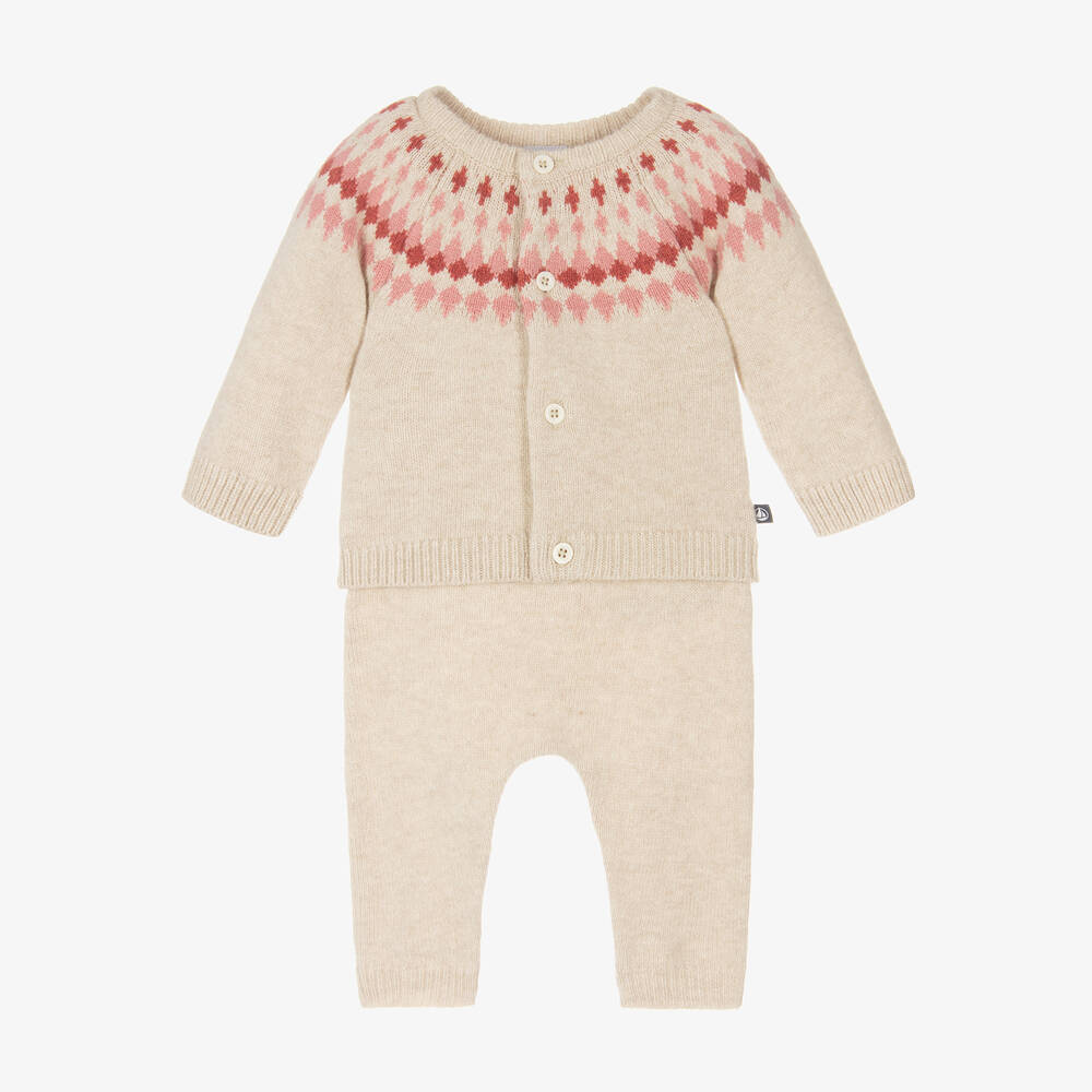 Petit Bateau - Beige Wool Fair Isle Baby Trouser Set | Childrensalon