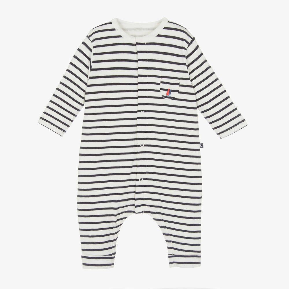 Petit Bateau - Blue Breton Stripe Organic Cotton Babygrow  | Childrensalon