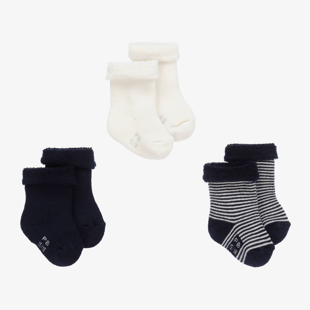 Petit Bateau - Blue & Ivory Baby Socks (3 Pack) | Childrensalon