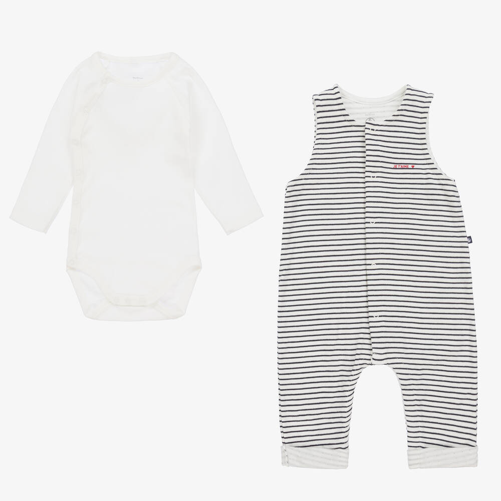 Petit Bateau - Blue Stripe Cotton Baby Dungaree Set | Childrensalon