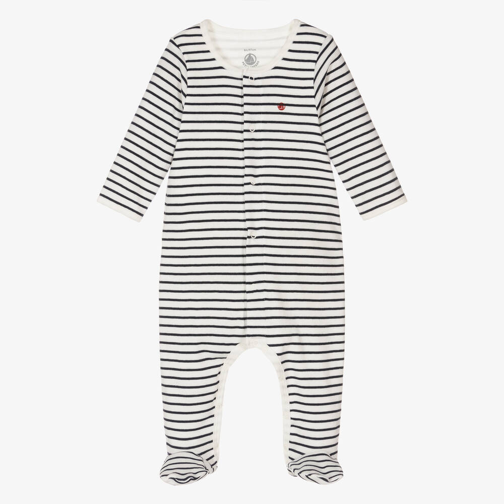 Petit Bateau - Blue & White Striped Cotton Babygrow | Childrensalon