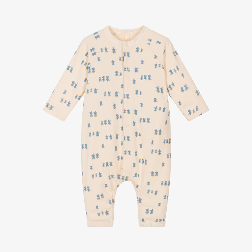 Petit Bateau - Boys Beige & Blue Duckling Cotton Babygrow | Childrensalon