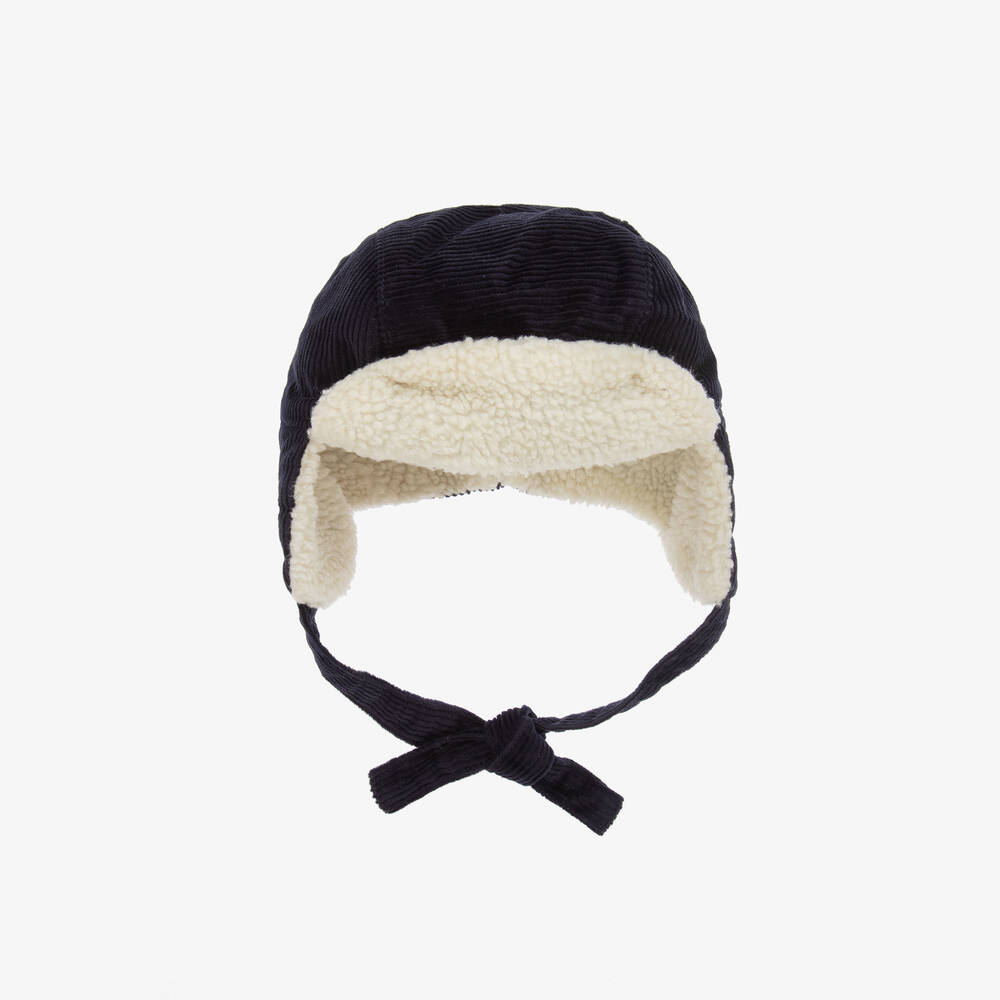 Petit Bateau - Boys Blue Corduroy & Sherpa Trapper Hat | Childrensalon