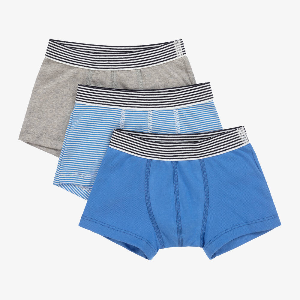 Petit Bateau - Boys Blue Organic Cotton Boxer Shorts (3 Pack) | Childrensalon