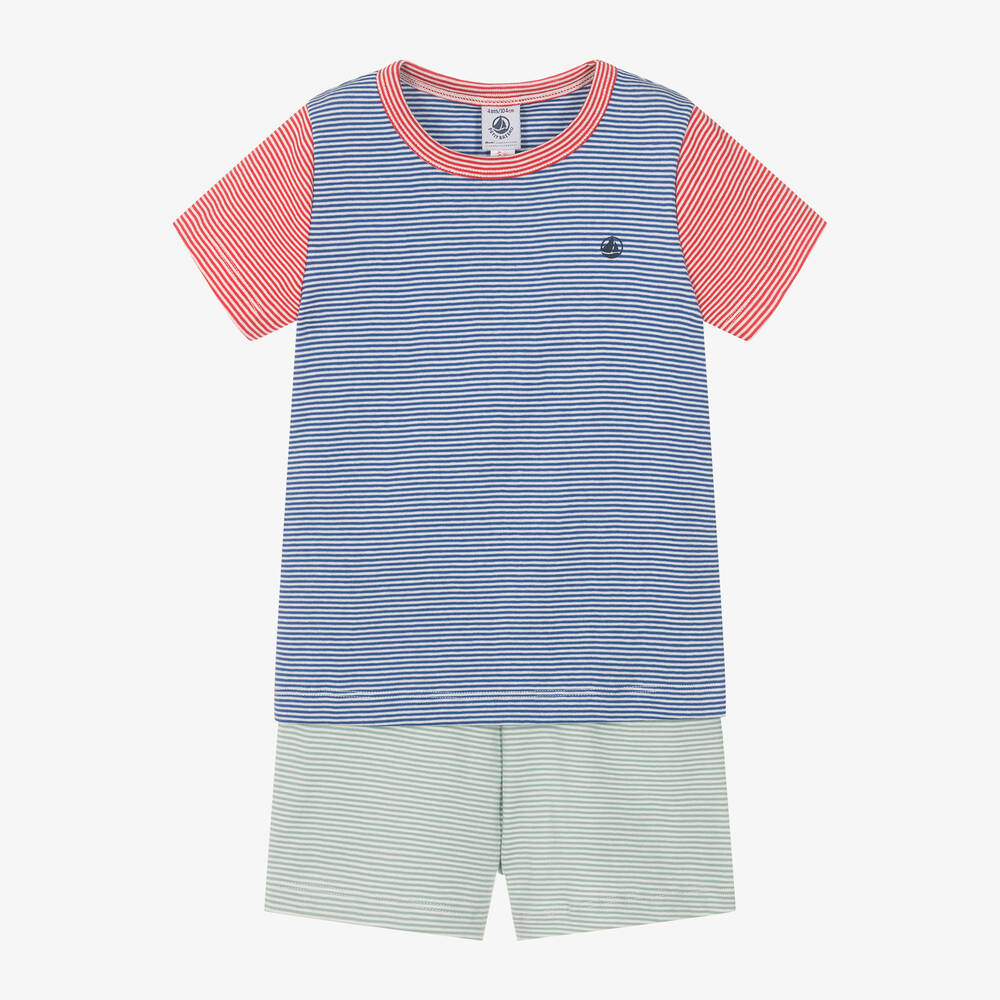 Petit Bateau - Boys Blue Striped Cotton Short Pyjamas | Childrensalon