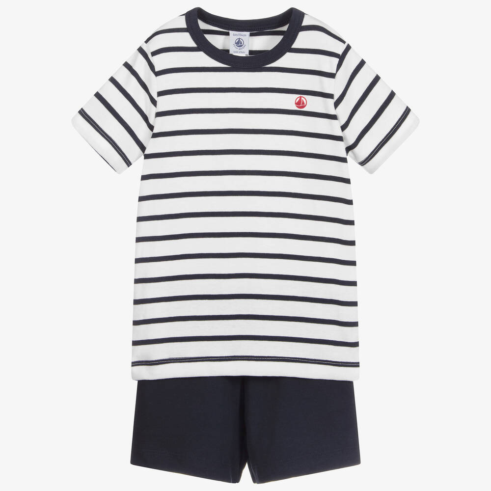 Petit Bateau - Pyjama short en coton bleu et blanc garçon | Childrensalon