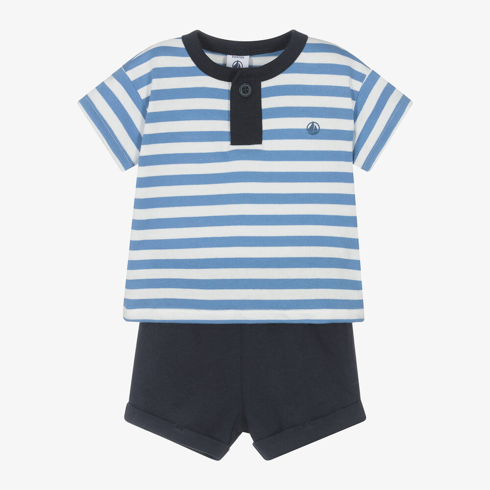 Petit Bateau - Boys Blue & White Stripe Shorts Set | Childrensalon