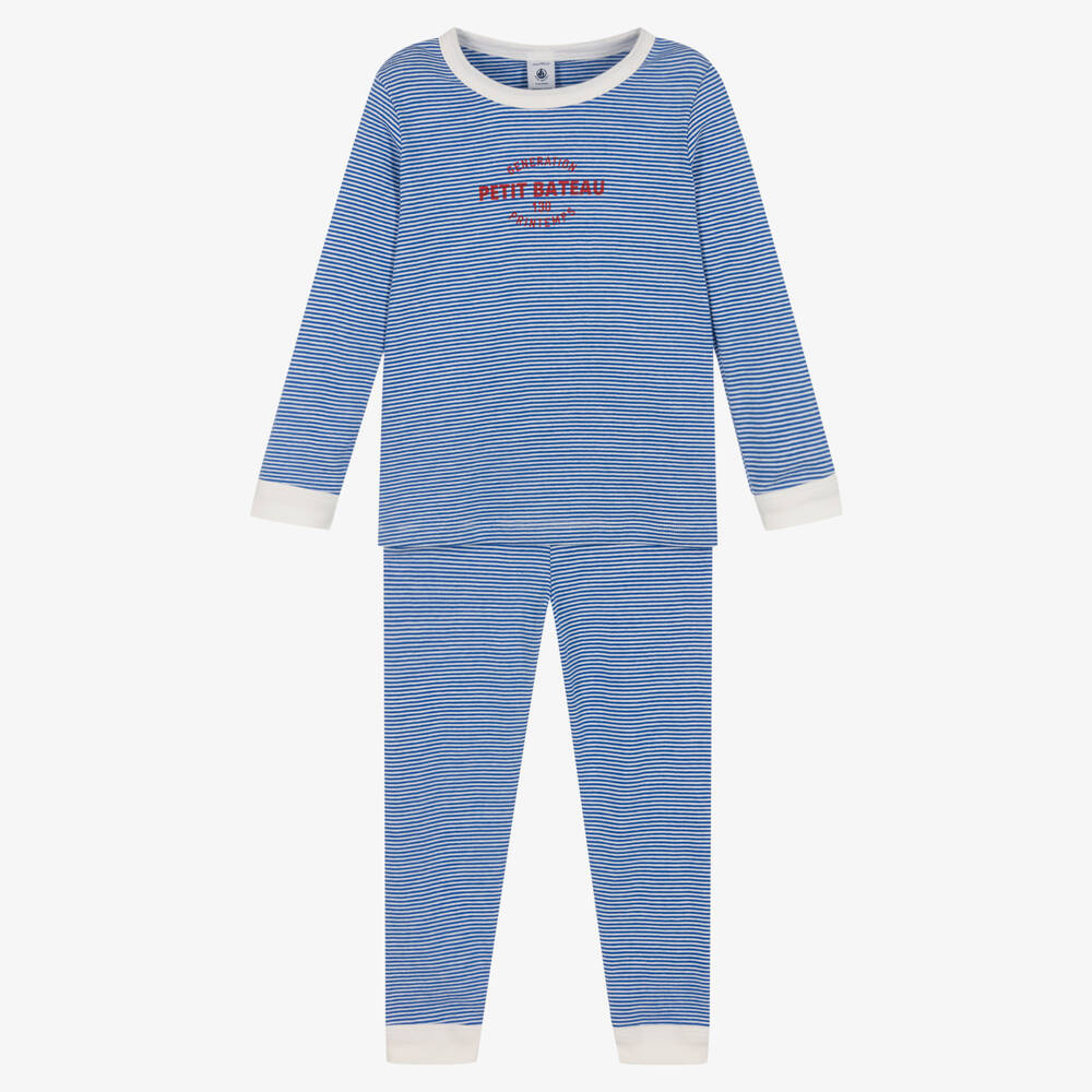 Petit Bateau - Boys Blue & White Striped Cotton Pyjamas | Childrensalon