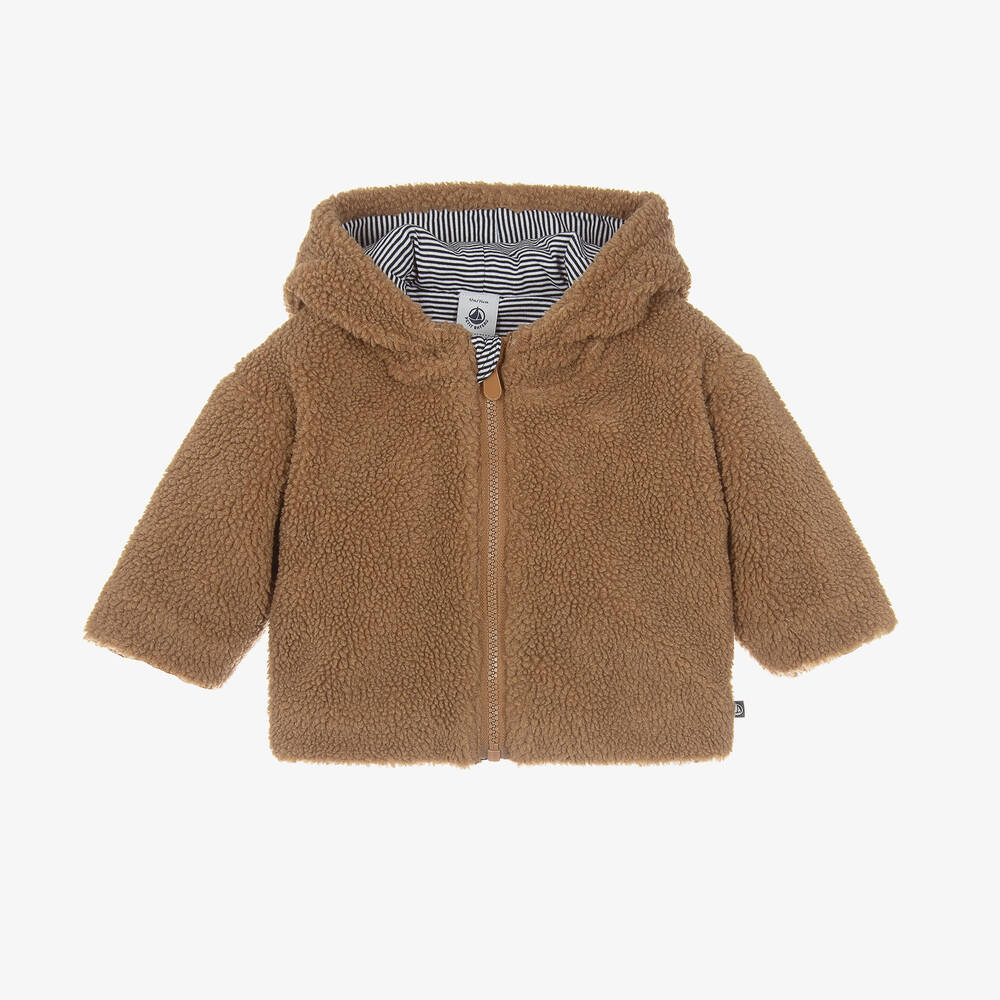 Petit Bateau - Boys Brown Sherpa Fleece Hooded Jacket | Childrensalon