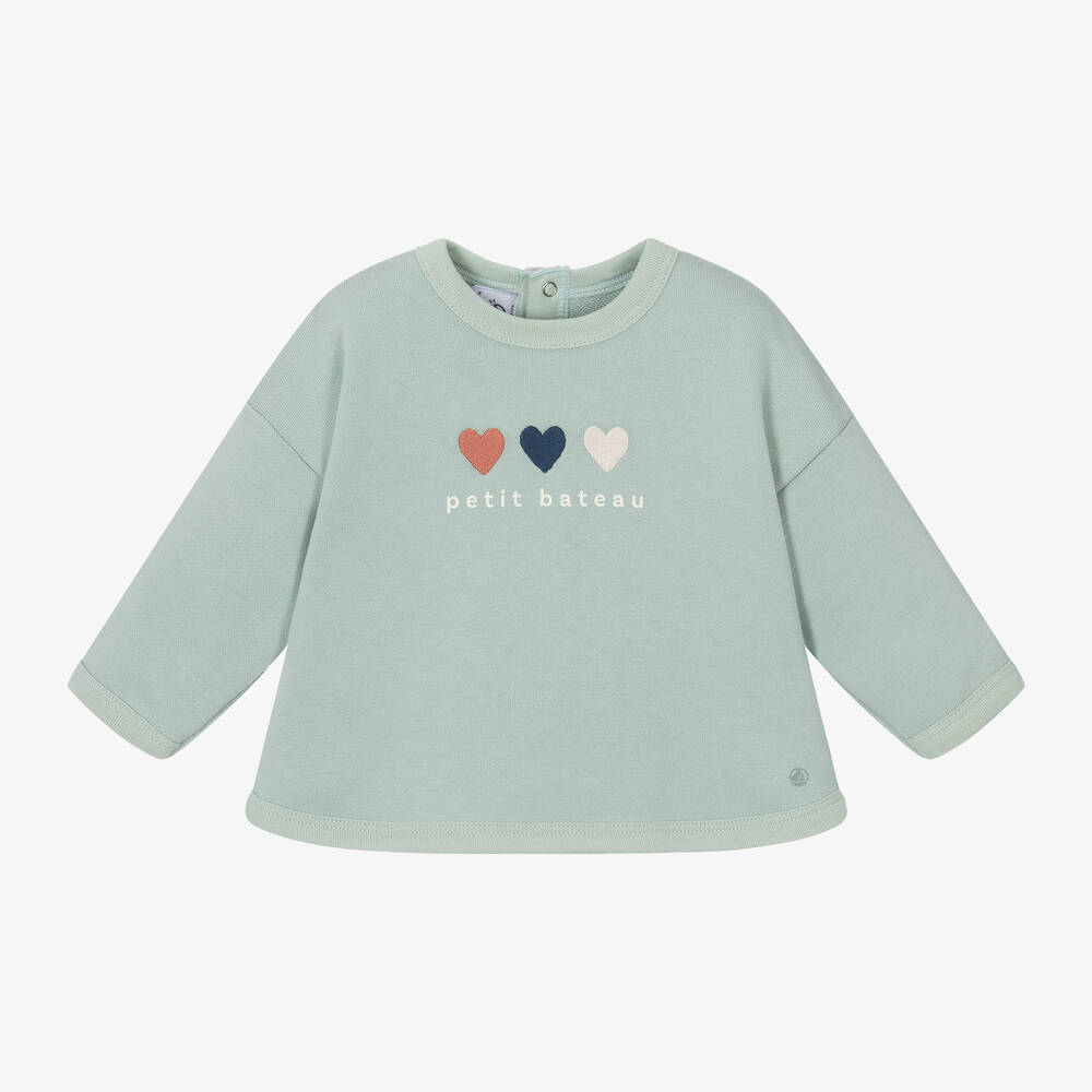 Petit Bateau - Boys Green Cotton Heart Sweatshirt | Childrensalon