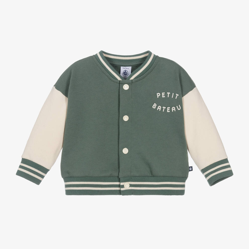 Petit Bateau - Boys Green Cotton Varsity Jacket | Childrensalon
